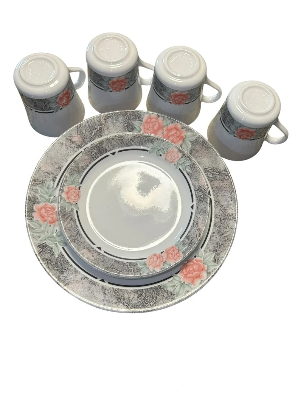 Vintage 90s CORELLE by Corning Silk & Roses 16-PC Dinnerware Set, Pink Black